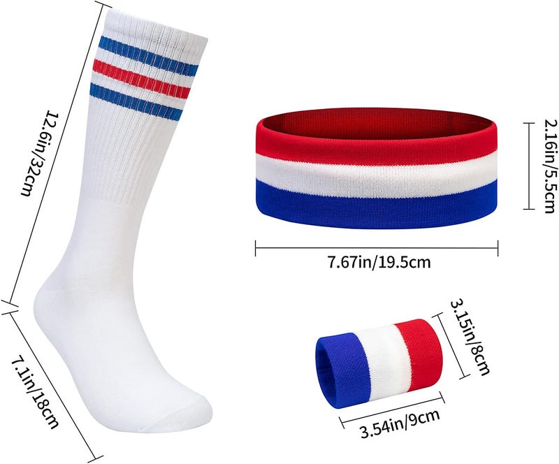 BEFORYOU Striped Sweatbands Set, Sports Headband and Wristbands Sweatbands Colorful Cotton Striped Sweatband Set American Flag Style for Men and Women - Image 2